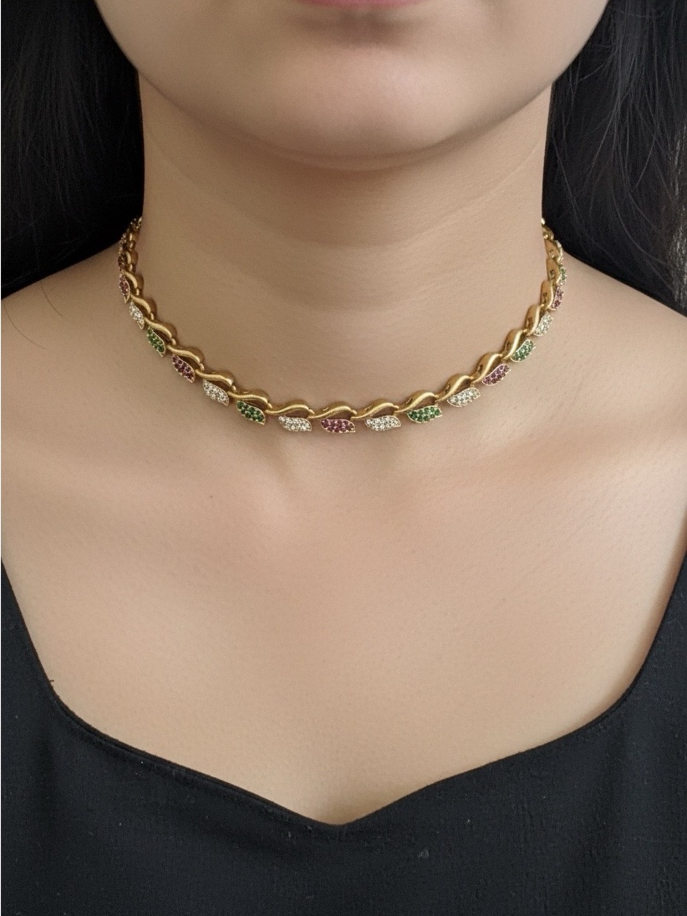 Gold Multicolor Leaf Choker Necklace and earrings- Women Jewelry